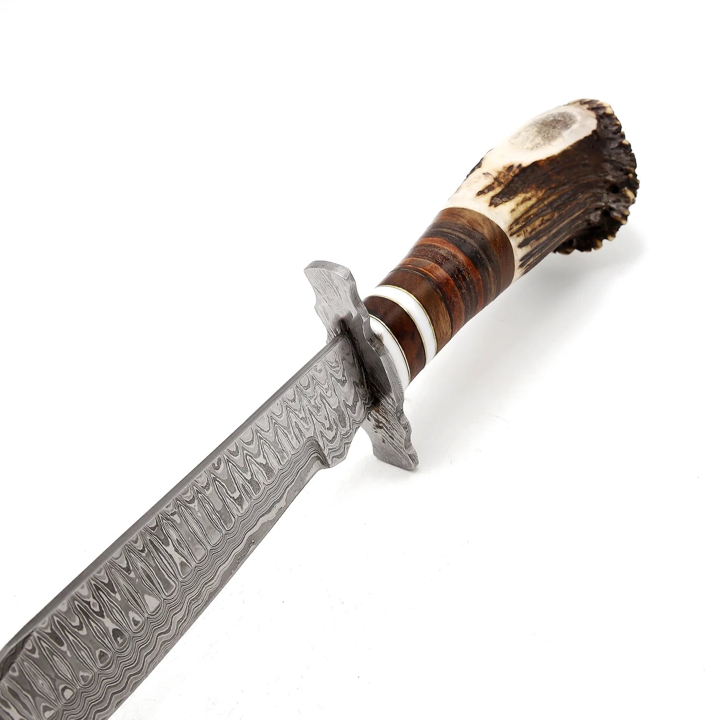 Rankų darbo Damasko plieno Bowie medžioklinis peilis: elnio odos rankena, odinis makštis