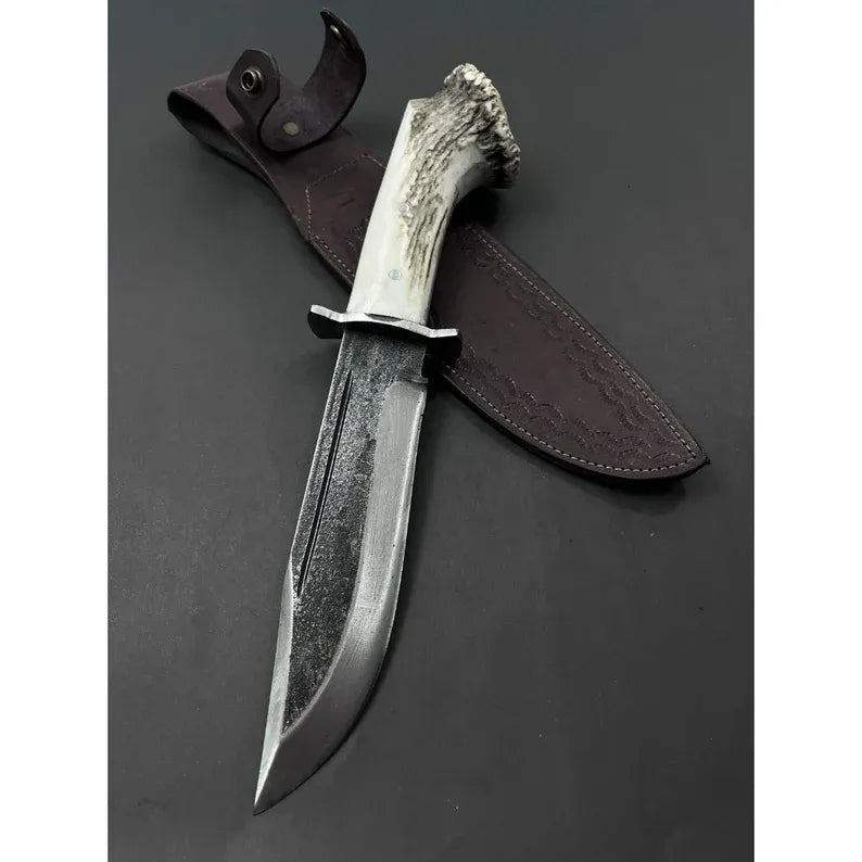 Rankų darbo kaltinio plieno Bowie peilis: elnio rago rankena, odinis makštis