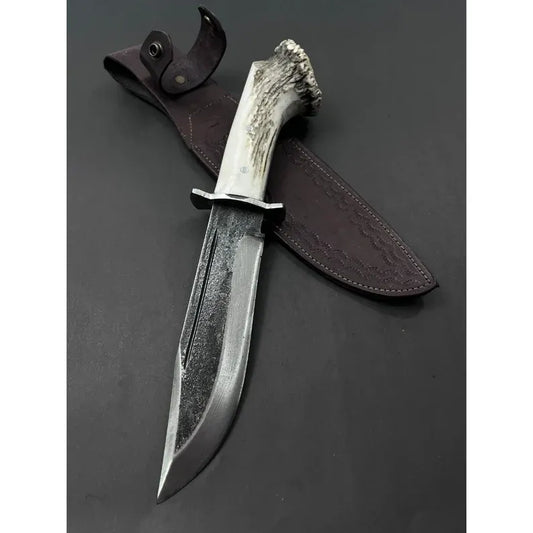 Rankų darbo kaltinio plieno Bowie peilis: elnio rago rankena, odinis makštis
