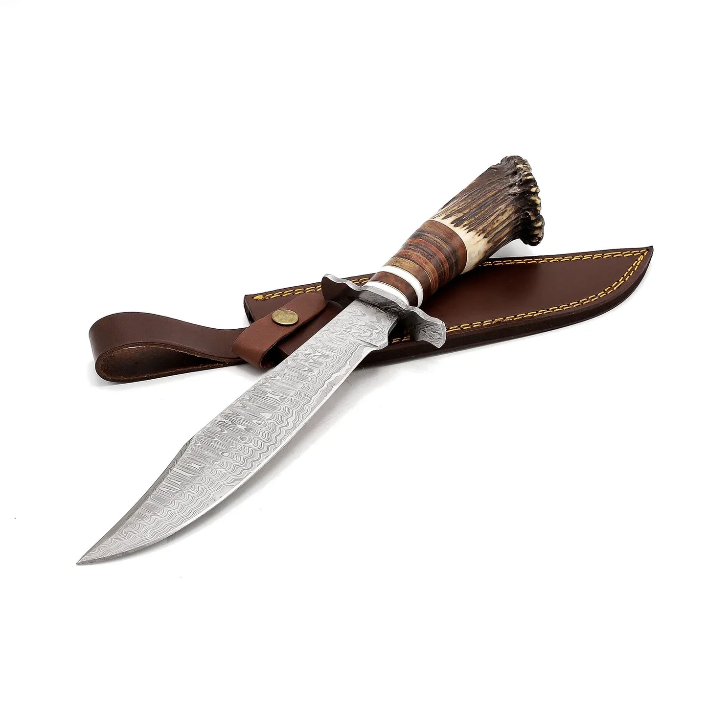 Rankų darbo Damasko plieno Bowie medžioklinis peilis: elnio odos rankena, odinis makštis