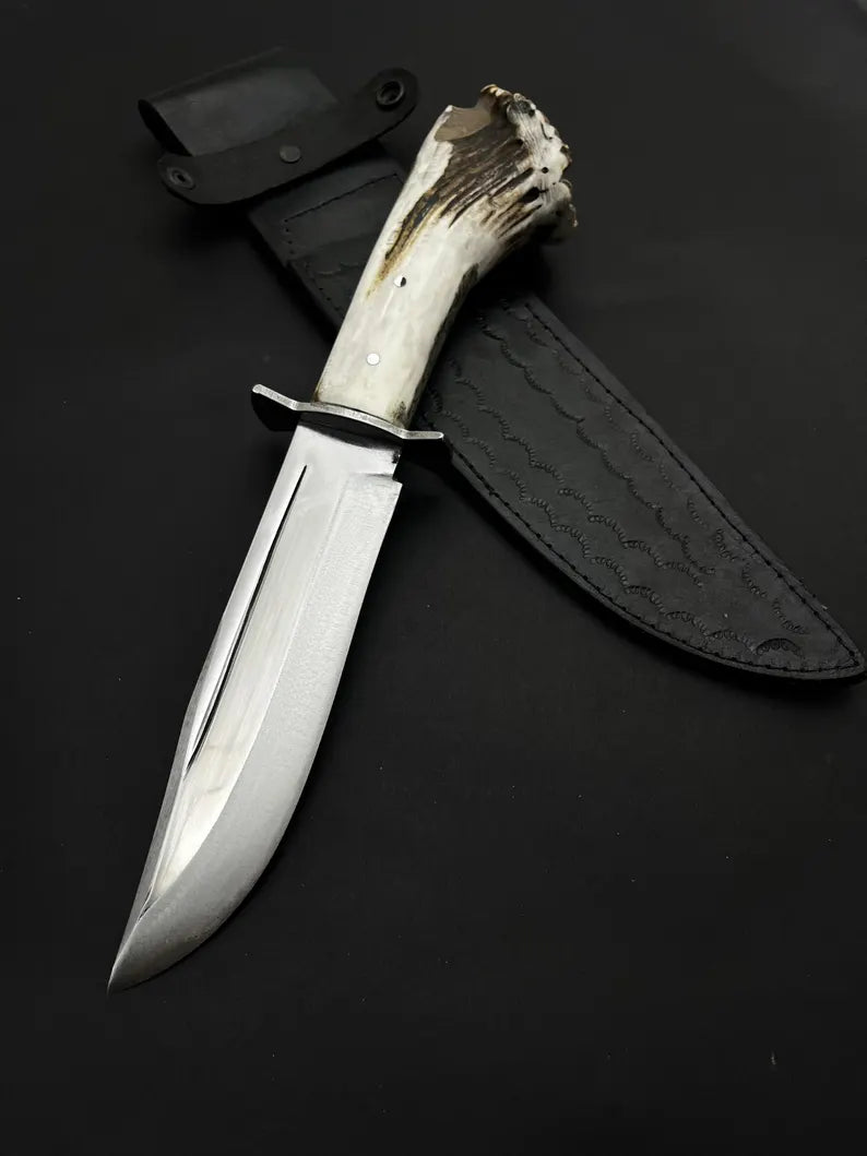 Rankų darbo kaltinio plieno Bowie peilis: elnio rago rankena, odinis makštis