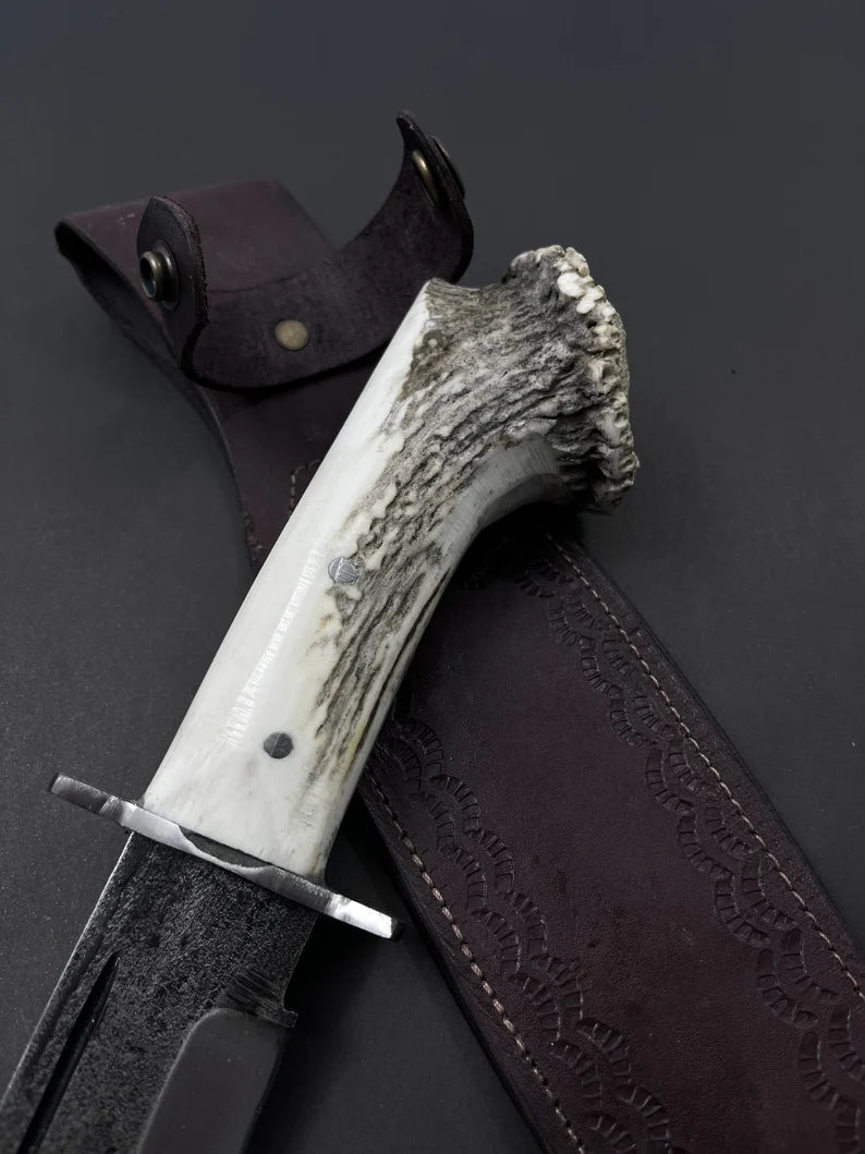 Rankų darbo kaltinio plieno Bowie peilis: elnio rago rankena, odinis makštis